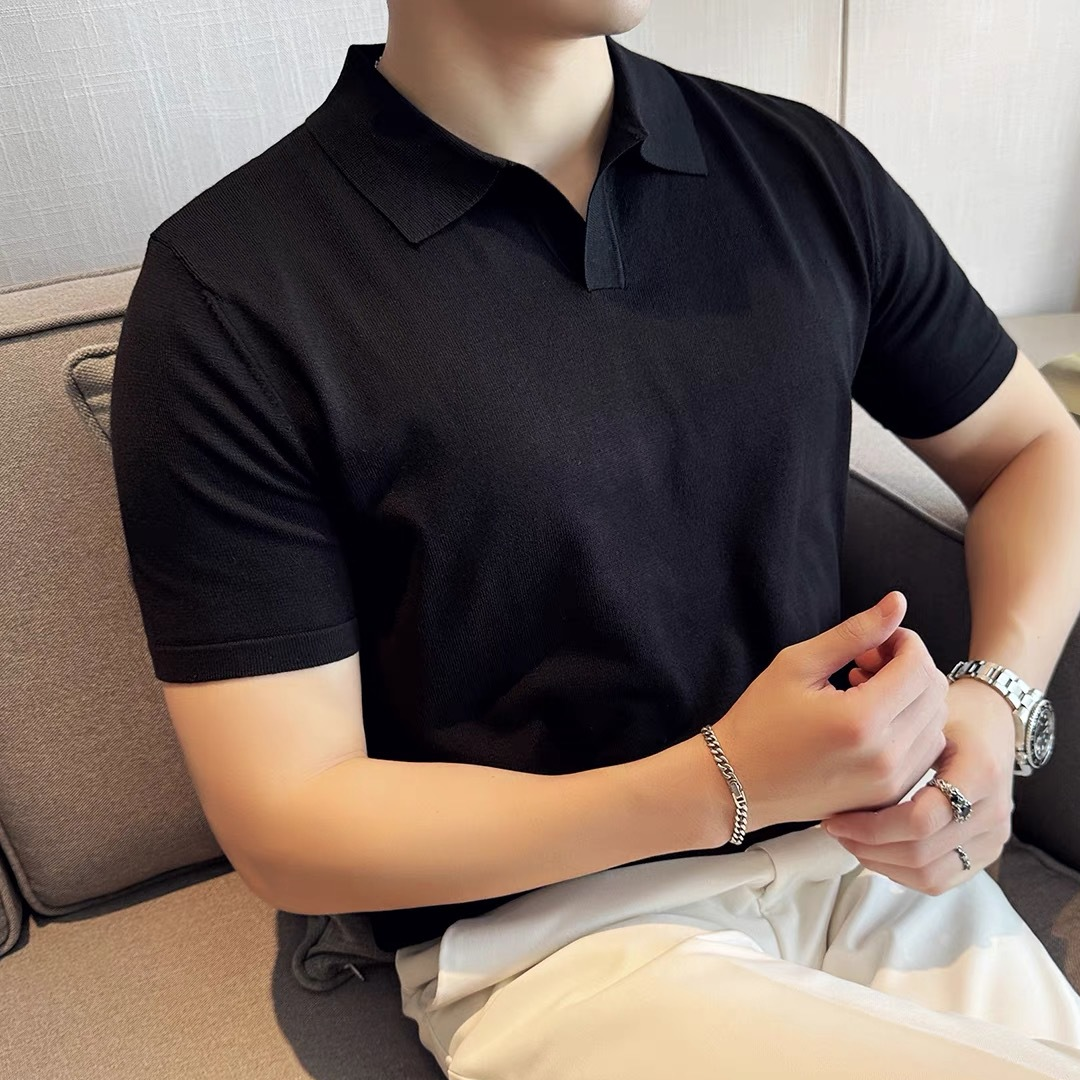 Summer Men's Short-Sleeved Knitted Polo Shirt V-Neck