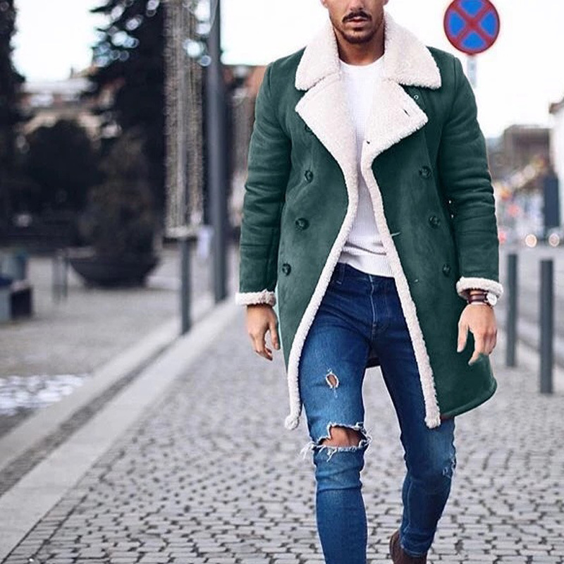 Men Fur Fleece Blends Brown Color Trench Coat Overcoat Lapel Warm Fluf