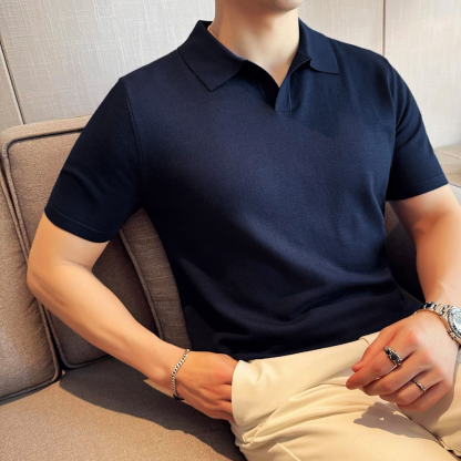 Summer Men's Short-Sleeved Knitted Polo Shirt V-Neck