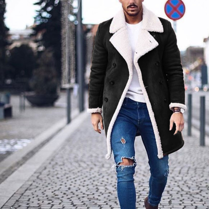 Men Fur Fleece Blends Brown Color Trench Coat Overcoat Lapel Warm Fluffy Jacket Outerwear