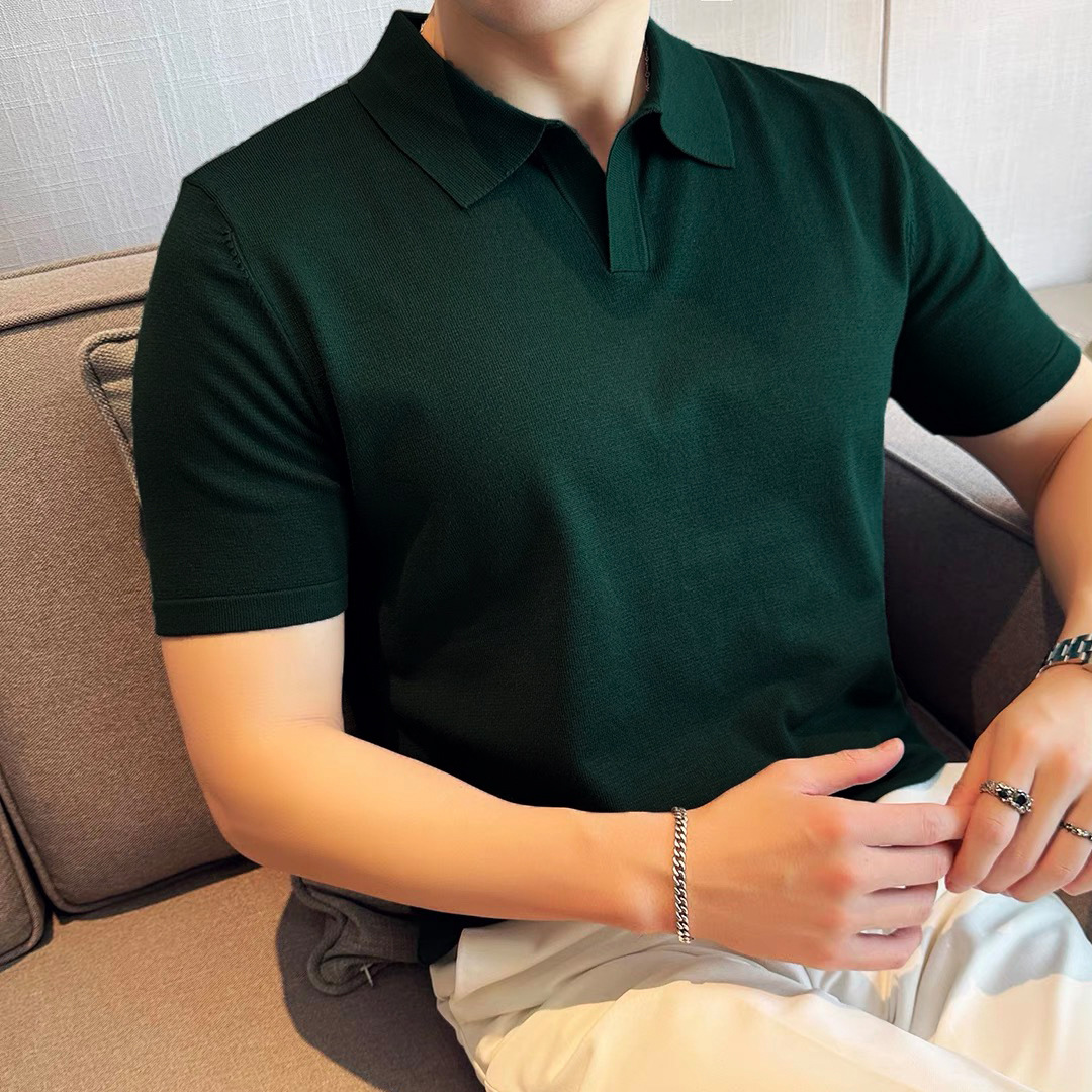 Summer Men's Short-Sleeved Knitted Polo Shirt V-Neck