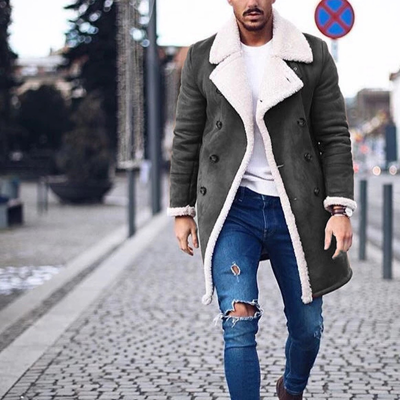 Men Fur Fleece Blends Brown Color Trench Coat Overcoat Lapel Warm Fluf