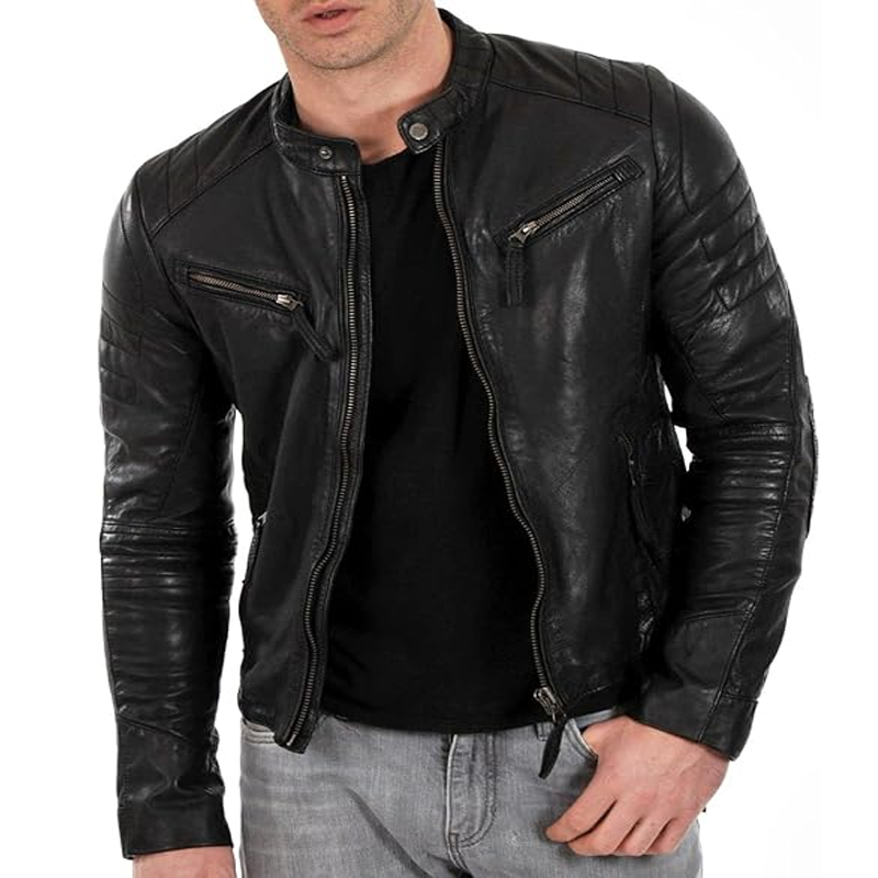 Mens Black and Brown Genuine Sheepskin Leather Motorcycle Jacket Vintage Motorcycle Jacket