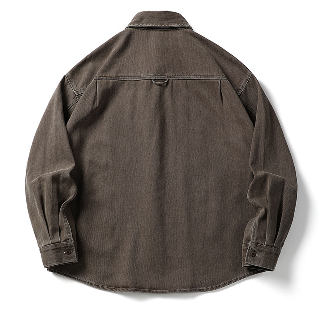 Men's Long-Sleeved Heavy Washed Distressed Lapel Casual Cotton Shirt Jacket