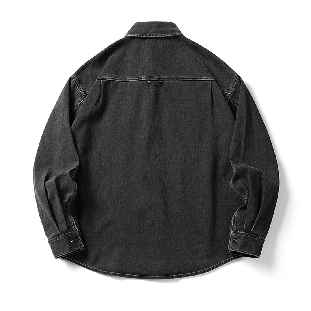 Men's Long-Sleeved Heavy Washed Distressed Lapel Casual Cotton Shirt Jacket