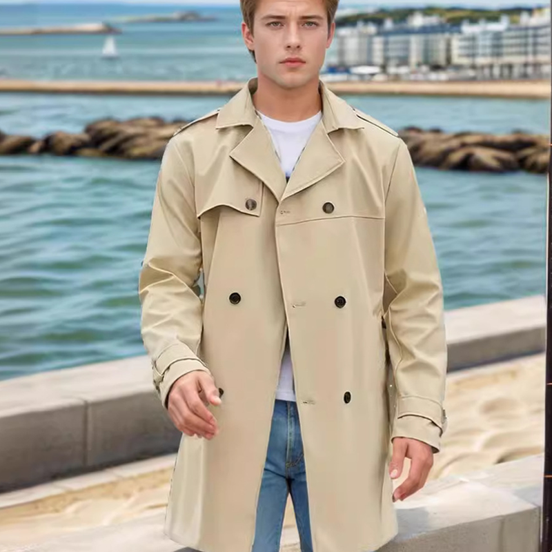 Men Double Breasted Belted Trench Coat