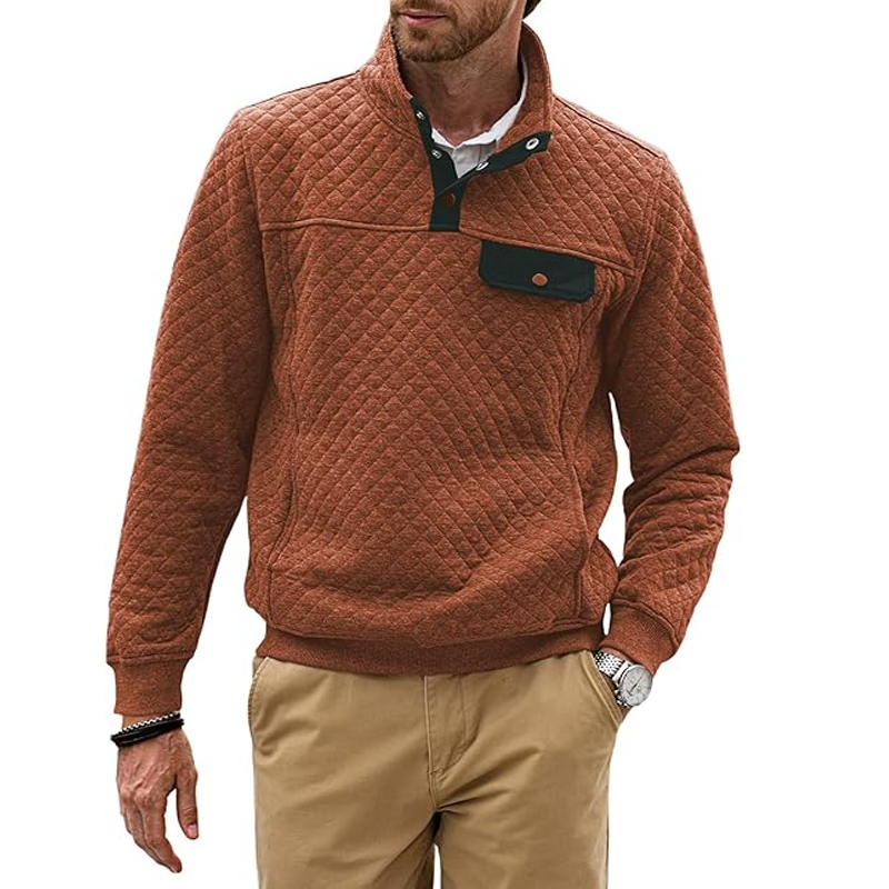 Men's Quilted Sweatshirt Casual Long Sleeve Outdoor Stand Collar Button Pullover Sweatshirt