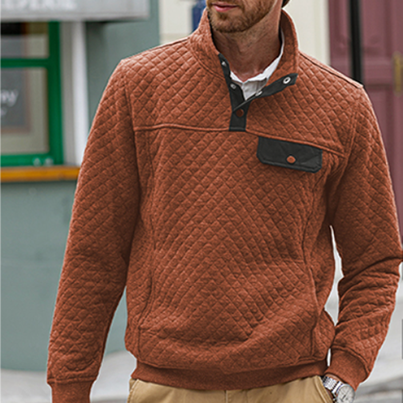 Men's Quilted Sweatshirt Casual Long Sleeve Outdoor Stand Collar Button Pullover Sweatshirt