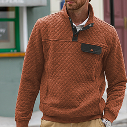 Men's Quilted Sweatshirt Casual Long Sleeve Outdoor Stand Collar Button Pullover Sweatshirt