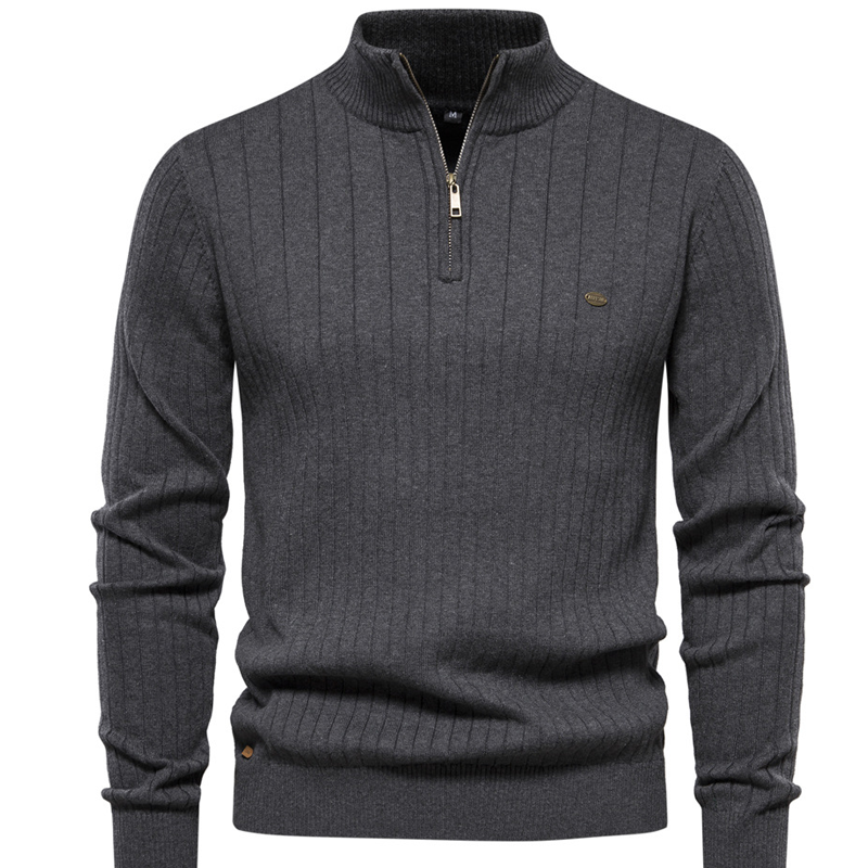 Stand up collar men's sweater  half zip solid color knit sweater casual sweatshirt