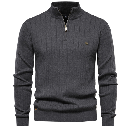 Stand up collar men's sweater  half zip solid color knit sweater casual sweatshirt