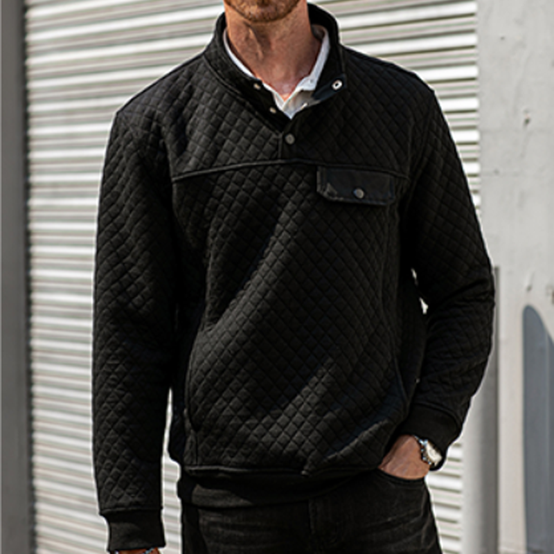 Men's Quilted Sweatshirt Casual Long Sleeve Outdoor Stand Collar Butto