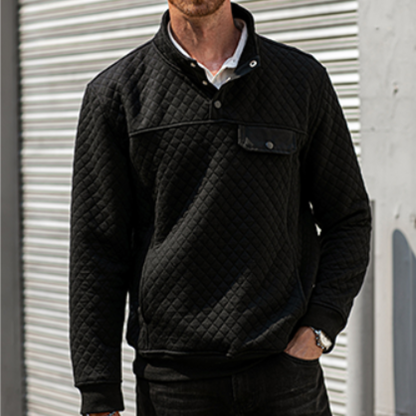 Men's Quilted Sweatshirt Casual Long Sleeve Outdoor Stand Collar Button Pullover Sweatshirt