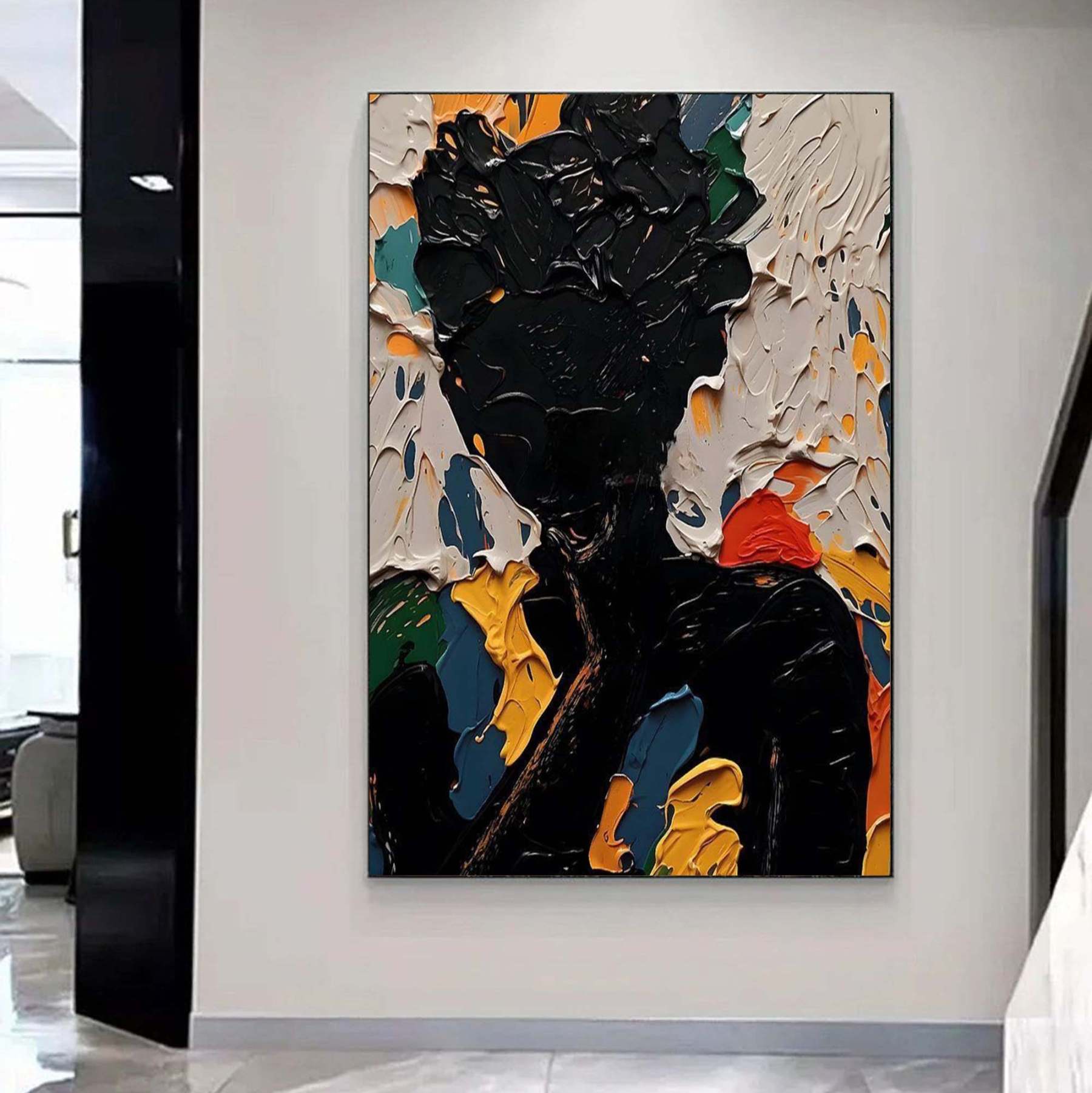 Bunte Porträt Schwarze Leinwand Wandkunst Gerahmtes Ölgemälde | Las Sola