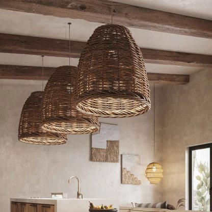 Muto Vintage Pendelleuchte Rustikale LED Rattan Schlafzimmer
