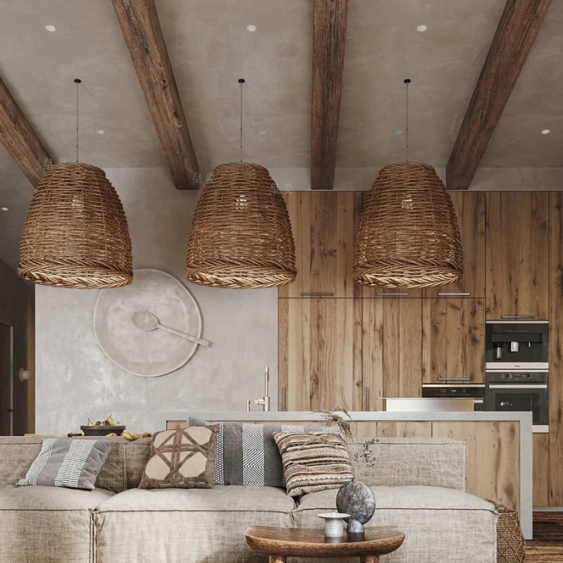 Muto Vintage Pendelleuchte Rustikale LED Rattan Schlafzimmer