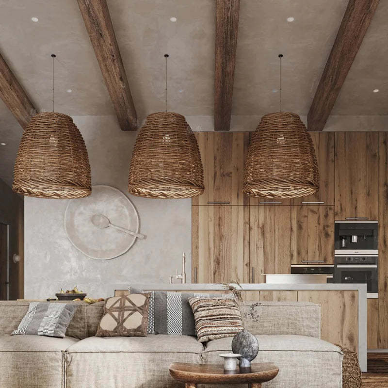 Muto Vintage Pendelleuchte Rustikale LED Rattan Schlafzimmer