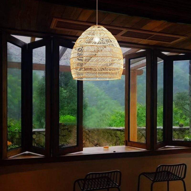 Boho Natural Style Rattan Lampshade Hand Knitted Ceiling Lamp Scene