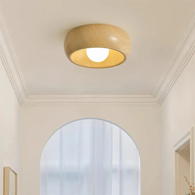 Round Wood Ceiling Light Fixture in Hallway