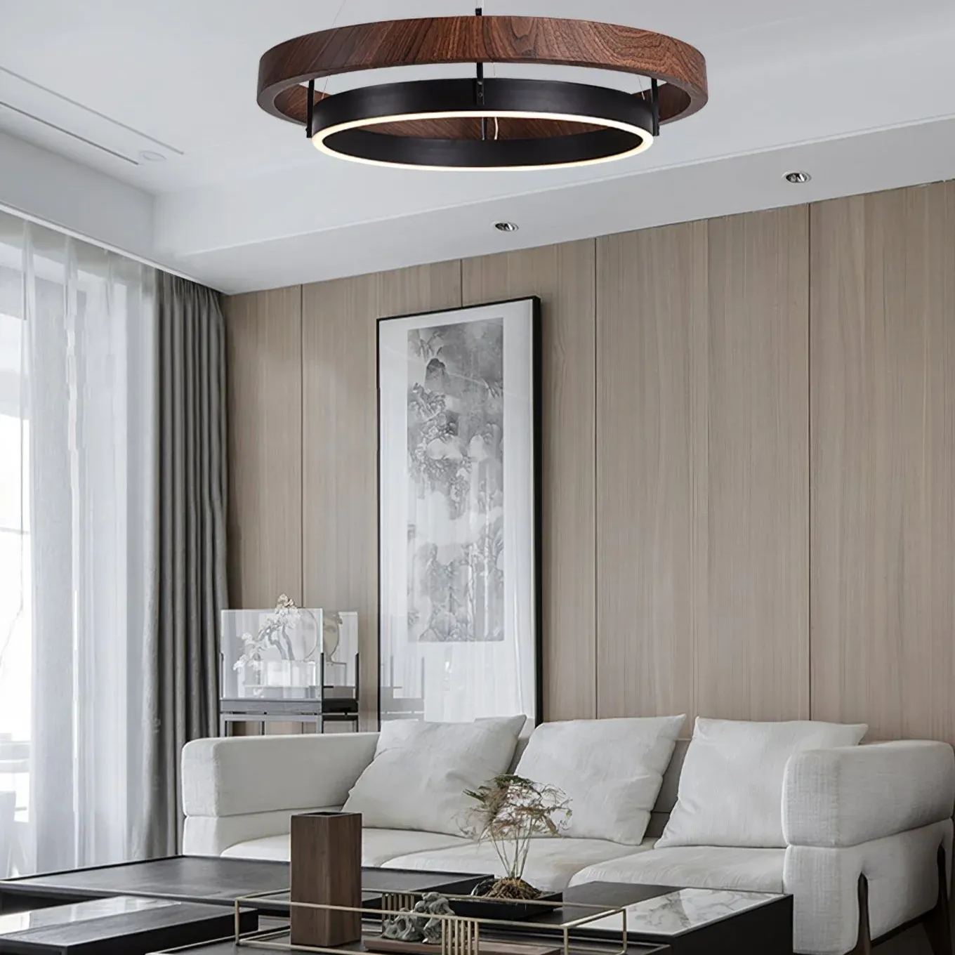 Muto Modern Round Metal Wood Chandelier Dining Living Room Bedroom