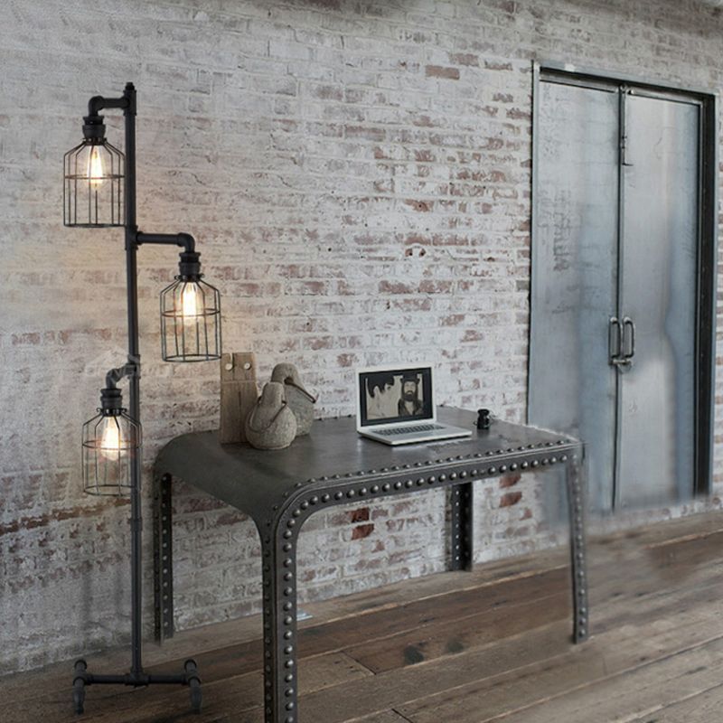 Alessio Retro Metalen Design Vloerlamp Met Vogelkooi 3 Koppen Zwart