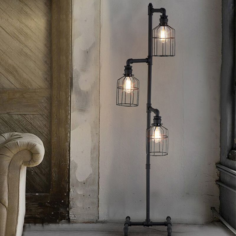 Alessio Retro Metalen Design Vloerlamp Met Vogelkooi 3 Koppen Zwart