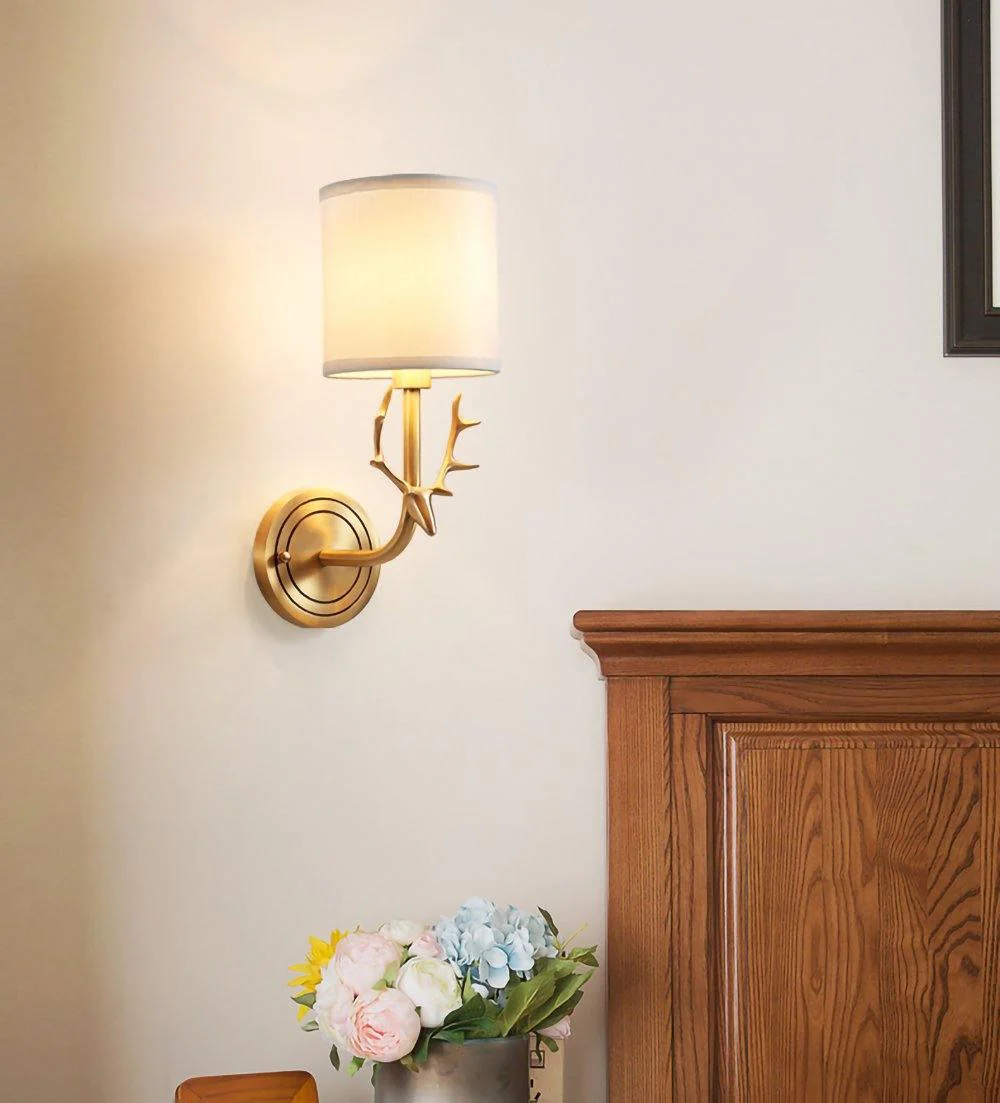 Alessio Vintage Brass Deer Head Fabric Wall Light Bedroom Hallway
