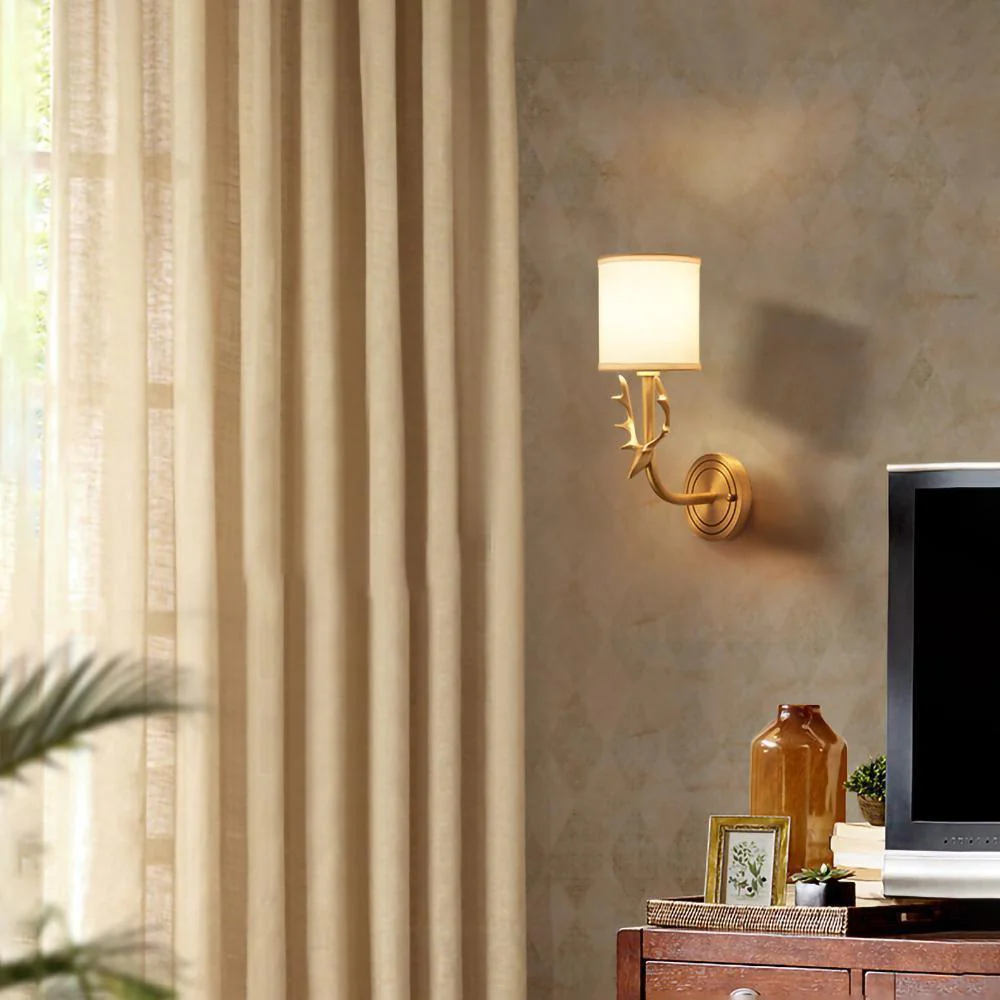 Alessio Vintage Brass Deer Head Fabric Wall Light Bedroom Hallway