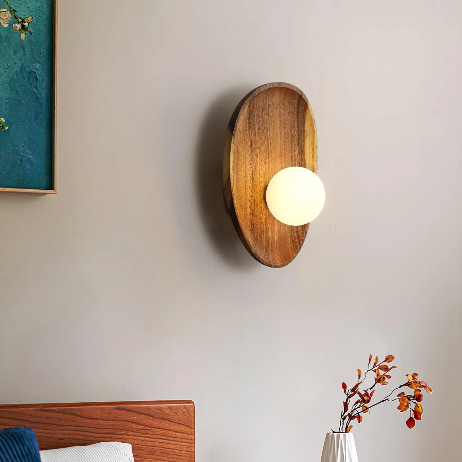 Muto Natural Wood Glass Walnut Wall Lamp Bedroom Living Room