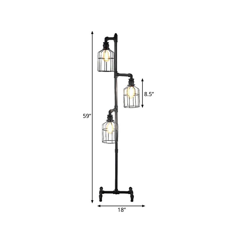 Alessio Retro Metalen Design Vloerlamp Met Vogelkooi 3 Koppen Zwart