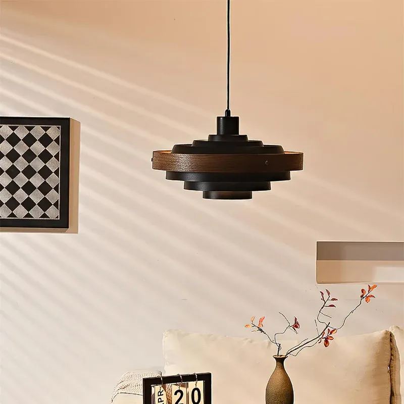 Muto Modern Round Metal Wood Pendant Light Dining Living Room