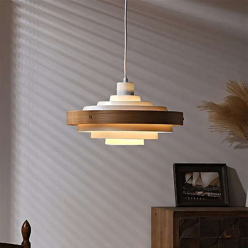 Muto Modern Round Metal Wood Pendant Light Dining Living Room