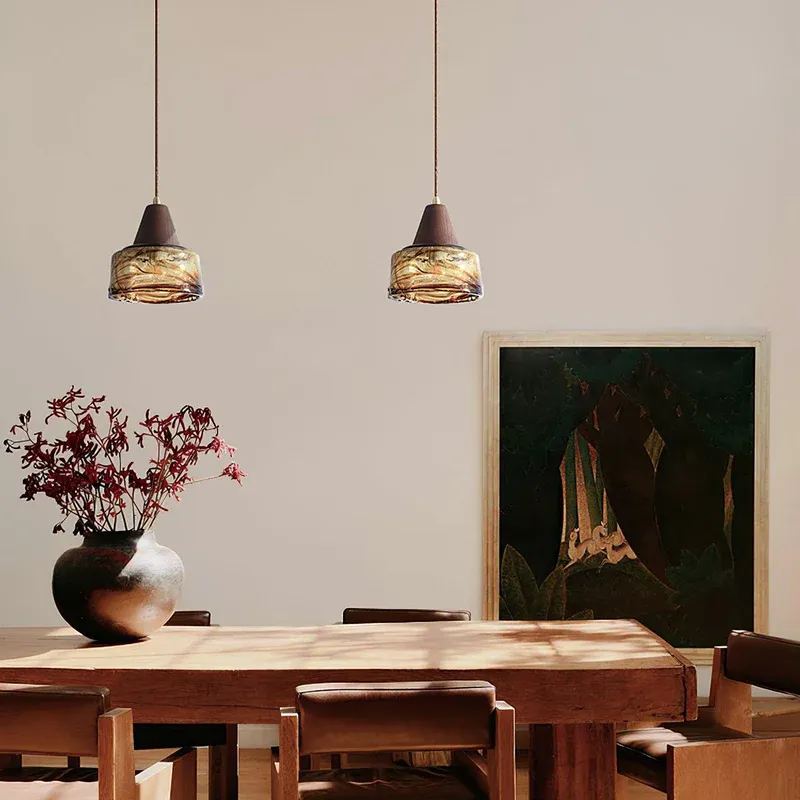 Hailie Vintage Round Wood Glass Pendant Light Dining Room Bedroom