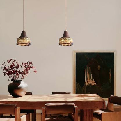 Hailie Vintage Round Wood Glass Pendant Light Dining Room Bedroom