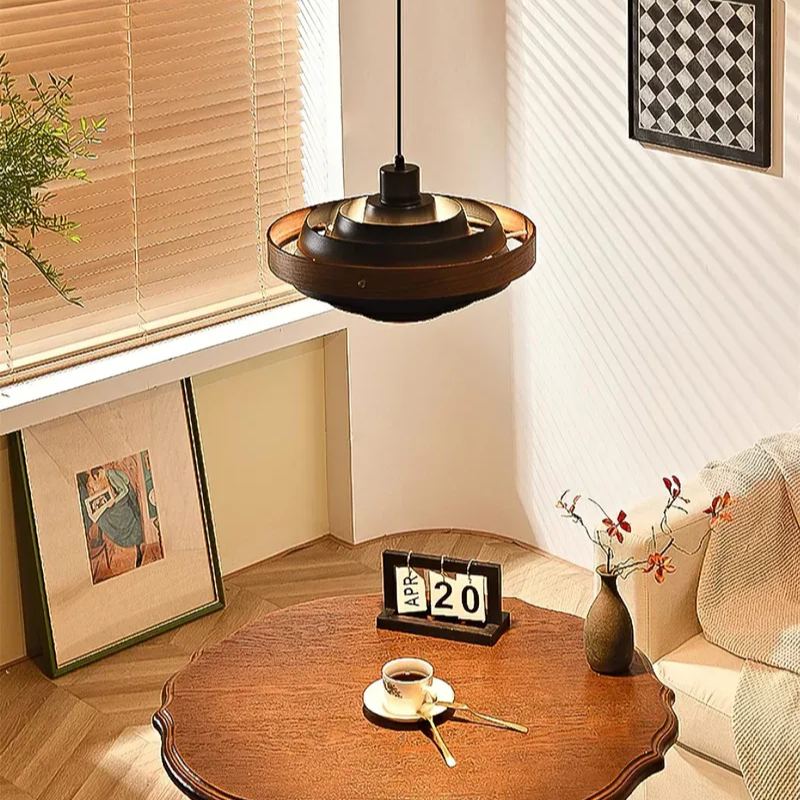 Muto Modern Round Metal Wood Pendant Light Dining Living Room