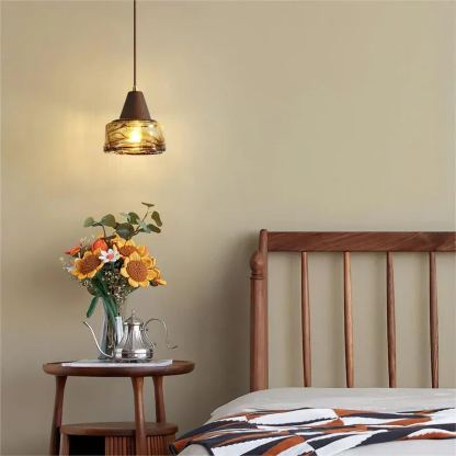 Hailie Vintage Round Wood Glass Pendant Light Dining Room Bedroom