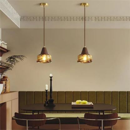 Hailie Vintage Round Wood Glass Pendant Light Dining Room Bedroom