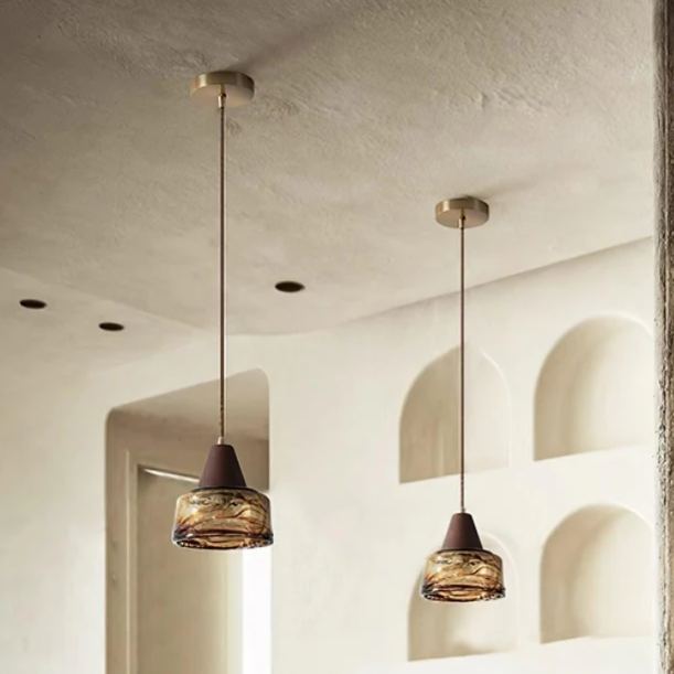 Hailie Vintage Round Wood Glass Pendant Light Dining Room Bedroom
