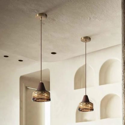 Hailie Vintage Round Wood Glass Pendant Light Dining Room Bedroom