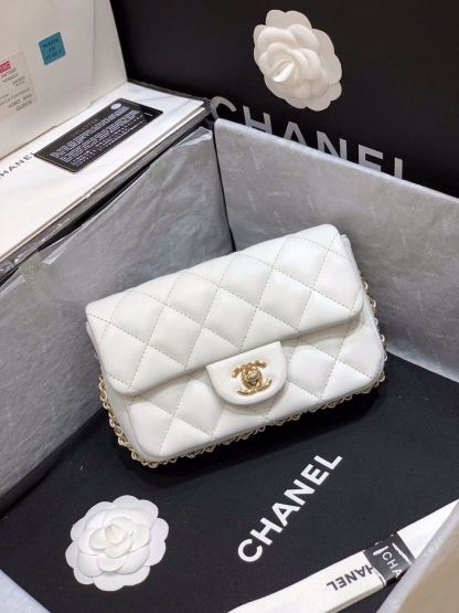 ChanelSmall Pearl Logo Strap Flap Bag White For Women, Women&#8217;s Handbags, Shoulder And Crossbody Bags 7in/18cm AS1436