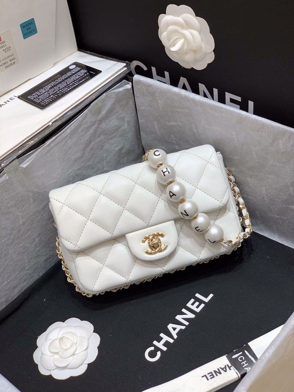 ChanelSmall Pearl Logo Strap Flap Bag White For Women, Women&#8217;s Handbags, Shoulder And Crossbody Bags 7in/18cm AS1436