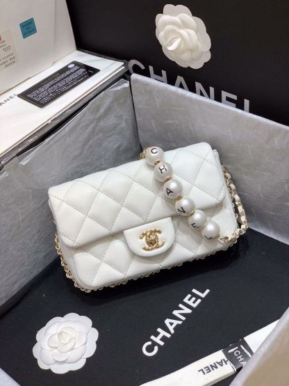 ChanelSmall Pearl Logo Strap Flap Bag White For Women, Women&#8217;s Handbags, Shoulder And Crossbody Bags 7in/18cm AS1436