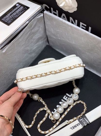 ChanelSmall Pearl Logo Strap Flap Bag White For Women, Women&#8217;s Handbags, Shoulder And Crossbody Bags 7in/18cm AS1436