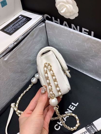 ChanelSmall Pearl Logo Strap Flap Bag White For Women, Women&#8217;s Handbags, Shoulder And Crossbody Bags 7in/18cm AS1436