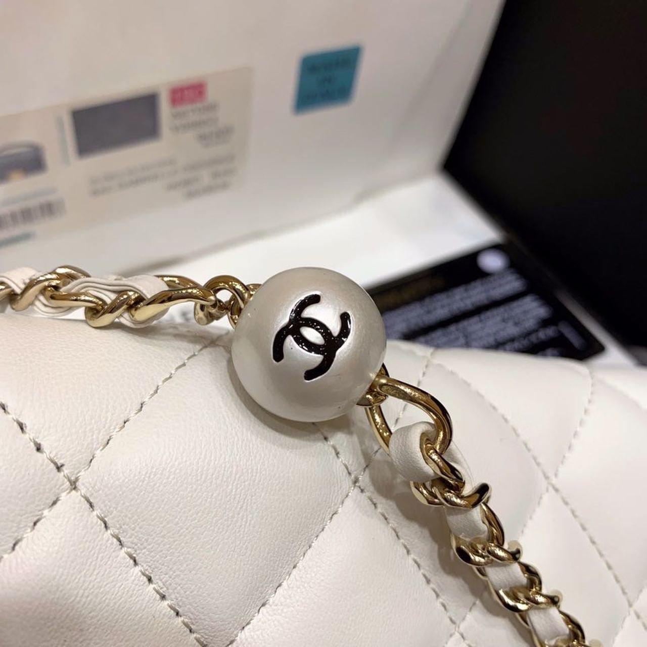 ChanelSmall Pearl Logo Strap Flap Bag White For Women, Women&#8217;s Handbags, Shoulder And Crossbody Bags 7in/18cm AS1436