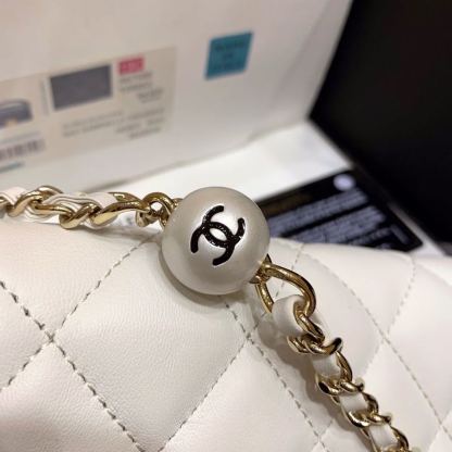 ChanelSmall Pearl Logo Strap Flap Bag White For Women, Women&#8217;s Handbags, Shoulder And Crossbody Bags 7in/18cm AS1436