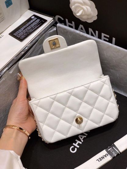 ChanelSmall Pearl Logo Strap Flap Bag White For Women, Women&#8217;s Handbags, Shoulder And Crossbody Bags 7in/18cm AS1436