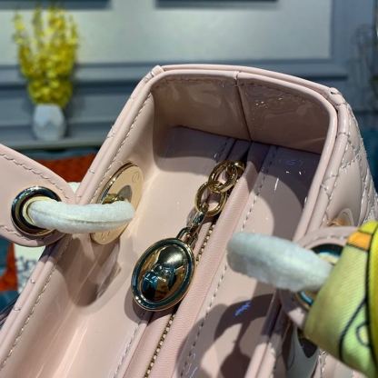DI Medium Lady Bag Gold Toned Hardware Patent Light Pink For Women 24cm/9in CD