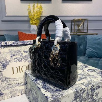 DI Small Lady Bag Black Patent Cannage For Women 8in/20cm CD M0531OWCB_M900