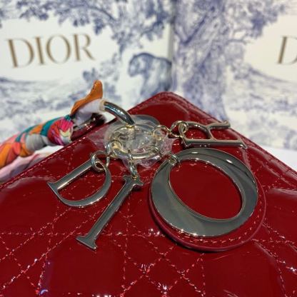 DI Medium Lady Bag Gold Toned Hardware Burgundy Patent For Women 9.5in/24cm CD